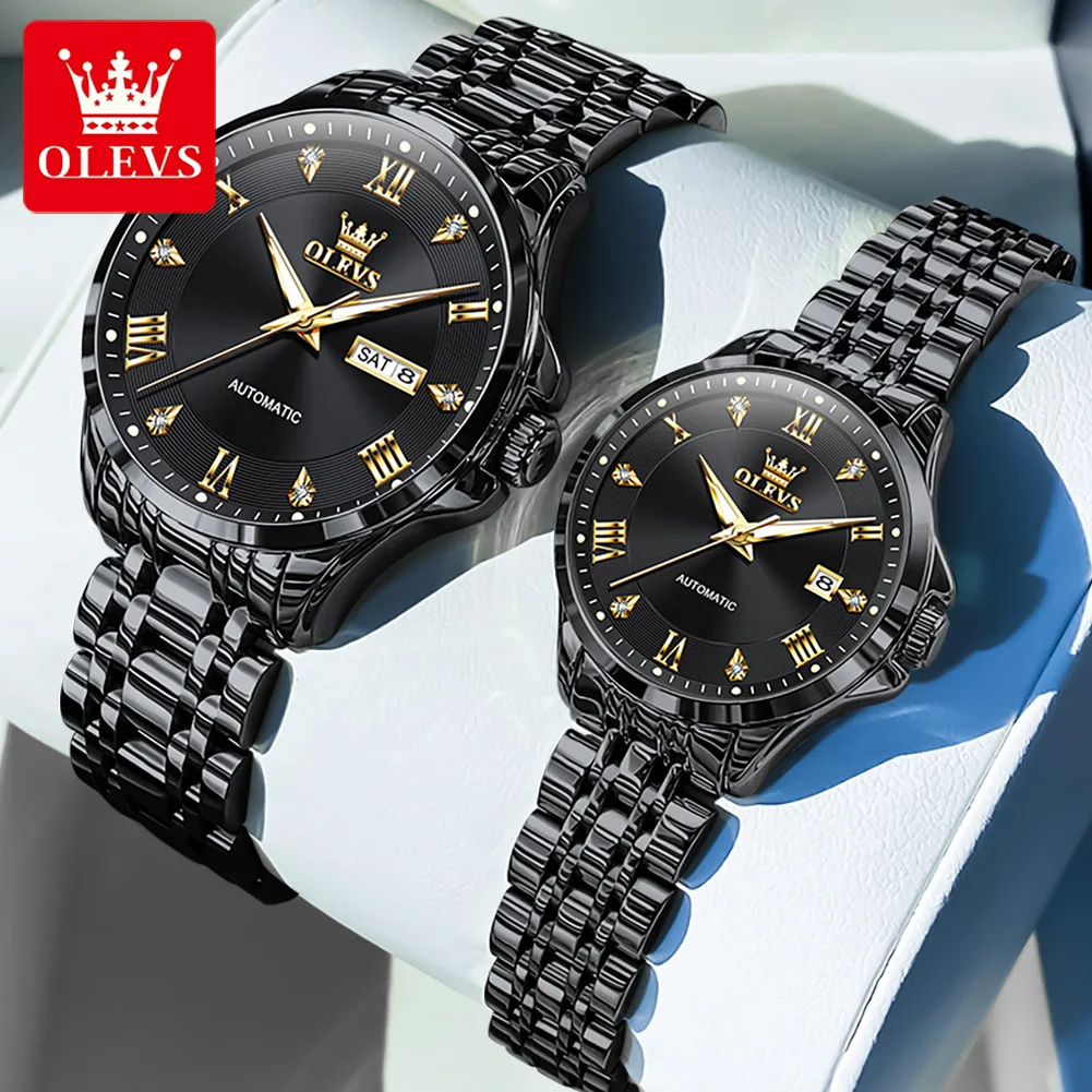 OLEVS Couple montre-bracelet en acier inoxydable étanche Date automatique de luxe affaires montres mécaniques automatiques pour hommes et femmes 6702