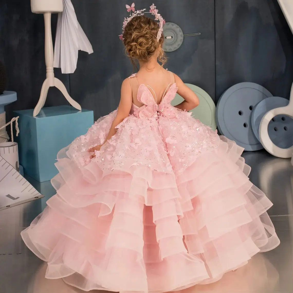 

Luxury Pink Flower Girl Dresses For Wedding Kids Party Girls Pageant Dresses Princess Children Birthday Butterfly Prom Gowns