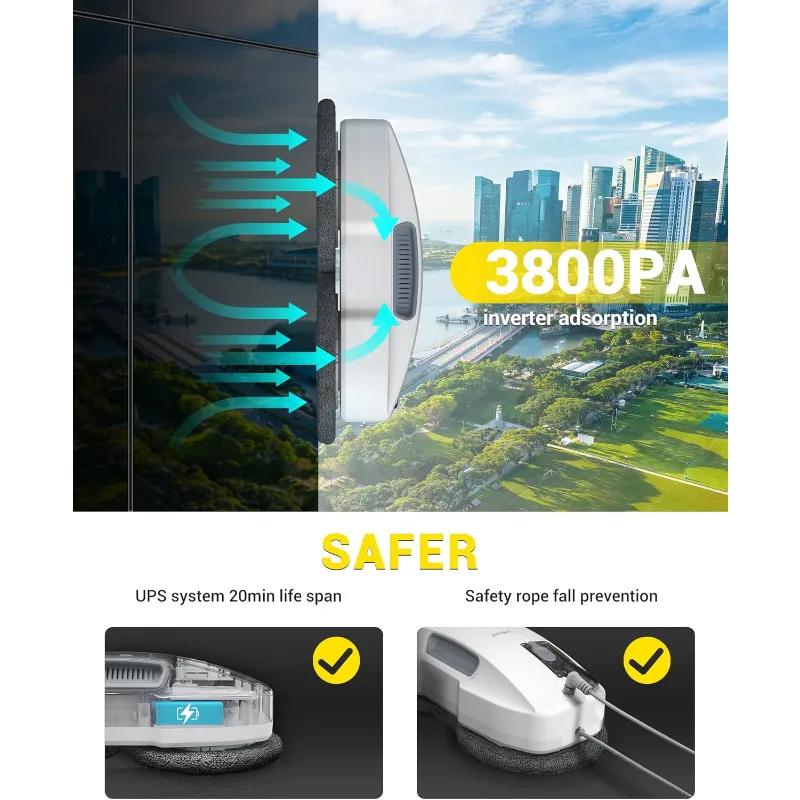 FMART T9 Pro Window Cleaning Robot,Ultrasonic Atomization Intelligent Water Spray,3800PA Suction Power,Intelligent Path Planning 4