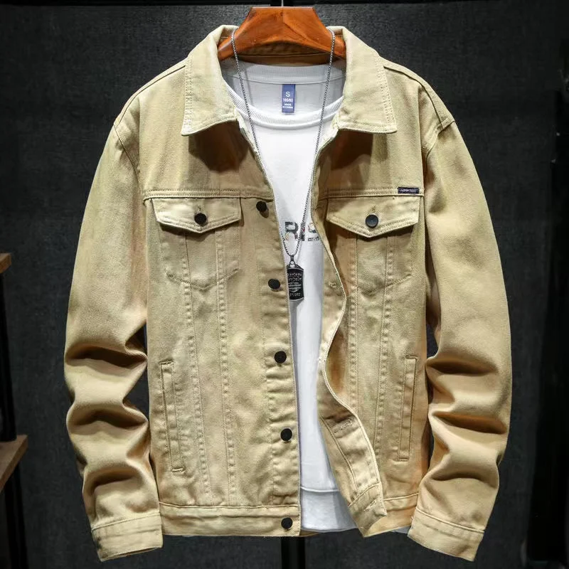 Loose Fit American Khaki Denim Jacket for Men Trendy Workwear Style Youthful Long Sleeve Pure Color Collared Button up Jacket