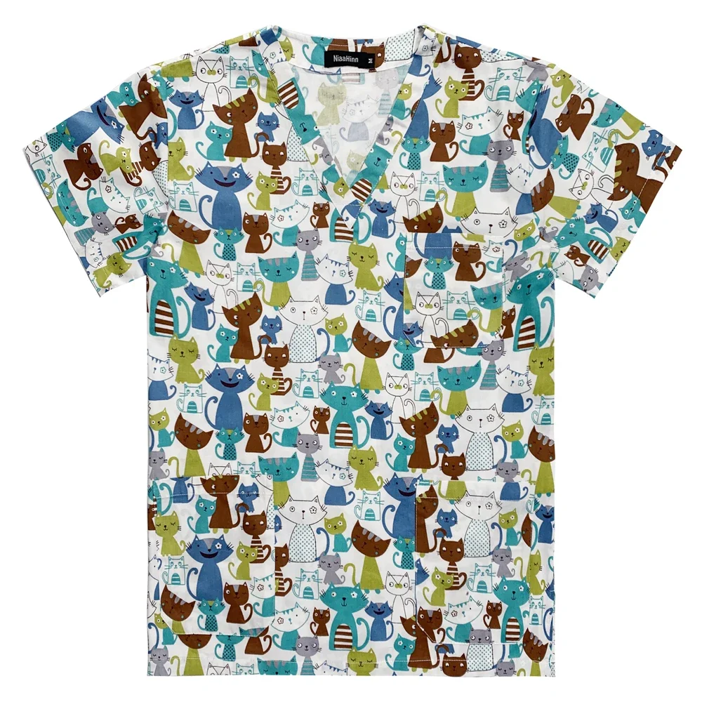 Men and Women Cartoon Clinic Pharmacist Summer Short Sleeve High Quality Veterinary Cleaning Uniform Top V Neck Fashion Work Top