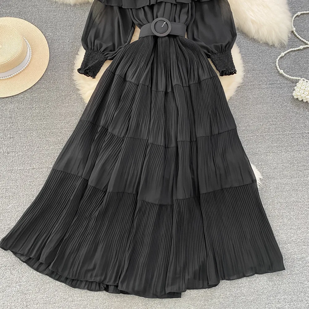 Women Vintage Off Shoulder Dress Chiffon Summer Sweet Lotus Leaf Edge Elegant Pleated Dresses Ladies Evening Party Long Dress