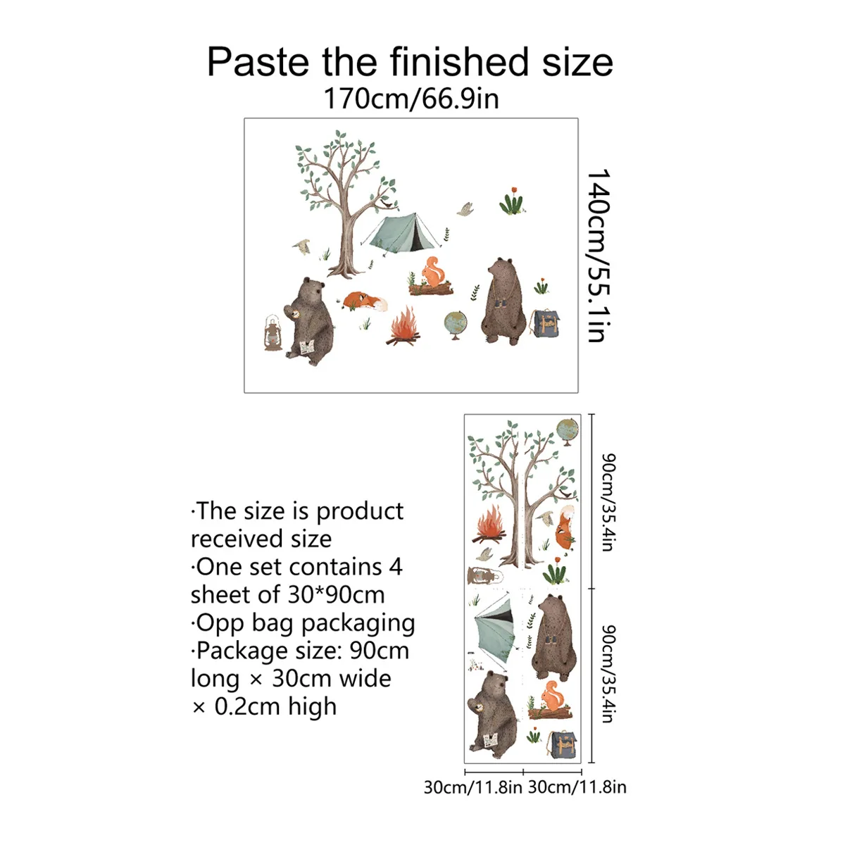 4pcs Hand Painted Tree And Bear Forest Animal Cartoon Wall Sticker Background Wall Decoration Self-adhesive Mural Wall Sticker