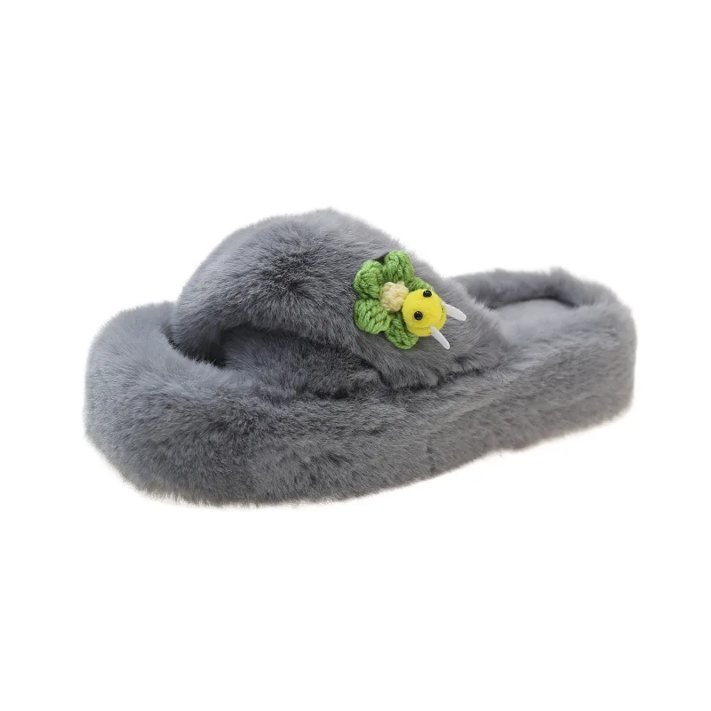 2023 New summer andAutumn fashion cross fluffy slippers women's indoor and outdoor one word flat cotton slippers ATD205