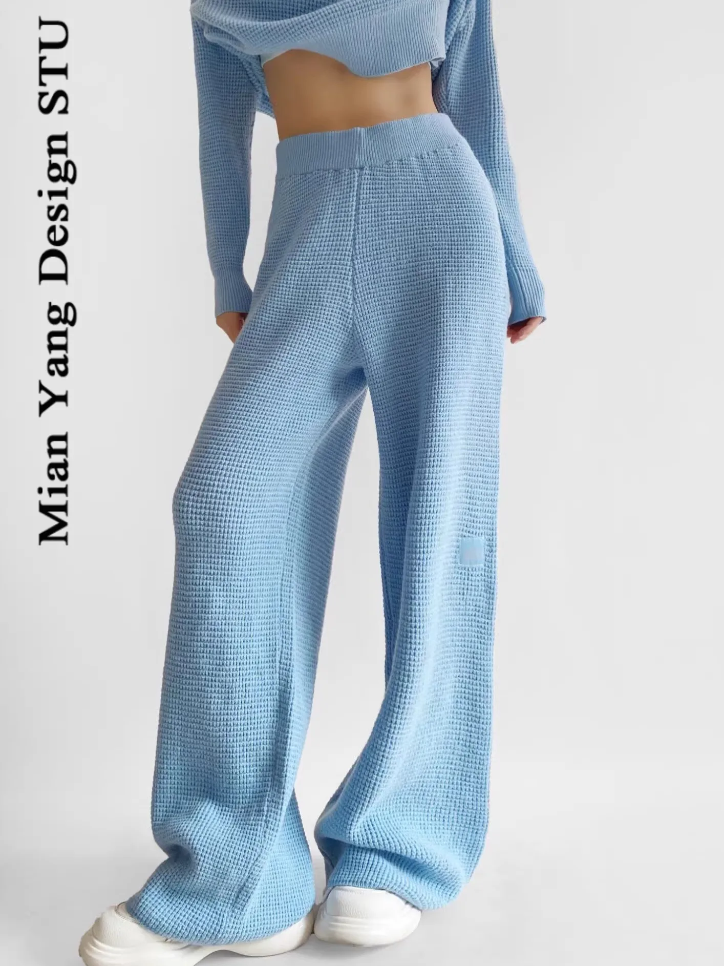 Women's Casual Knitted Set High Waist Long Pants Loose Long Sve Top Spring Summer Outfit Relaxing Plaid Ensemble