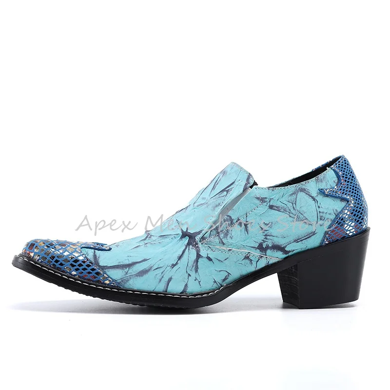 Retro Blue Square Toe Chunky Heel Men's Loafers Spring New Snake Pattern Slip On Brogues Cowhide Casual Footwear Large Size