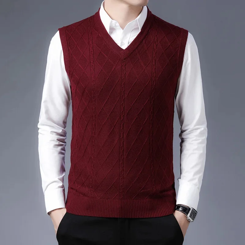 Autumn 2024 and Winter New Men's Wool Vest Business Casual Geometry V-neck Sleeveless Knit Sweater Male Brand Clothes