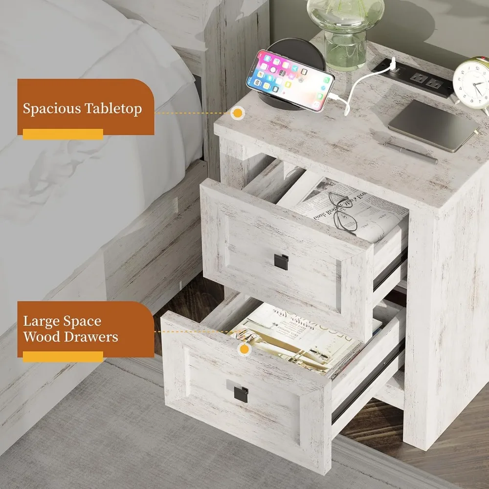 Large Nightstand Set of 2 with Charging Station, Bedside Table with USB Ports and Outlets, Farmhouse Wood End Table