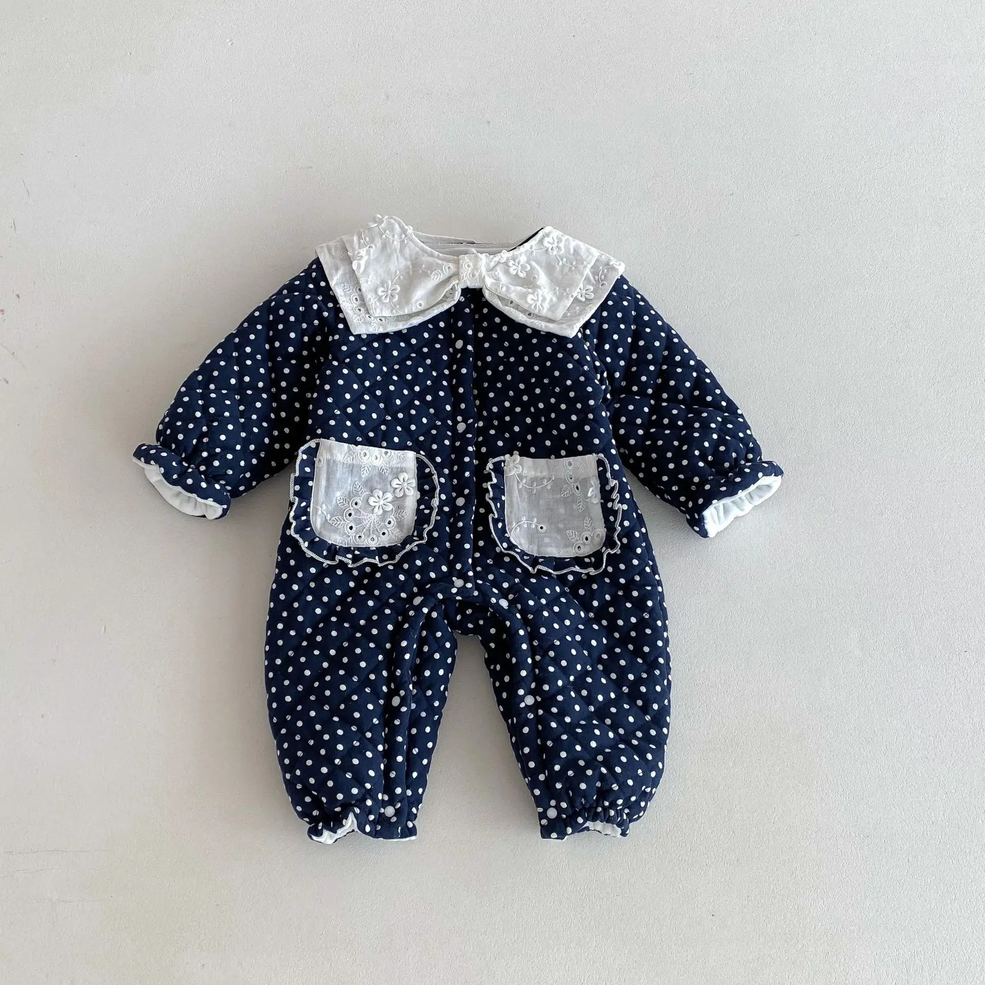 Winter Neugeborene Baby Mädchen Baumwolle Prinzessin Polka Dots Dicker Revers Krabbelanzug Kinder Einteiler Modische Babykleidung – Detail 5