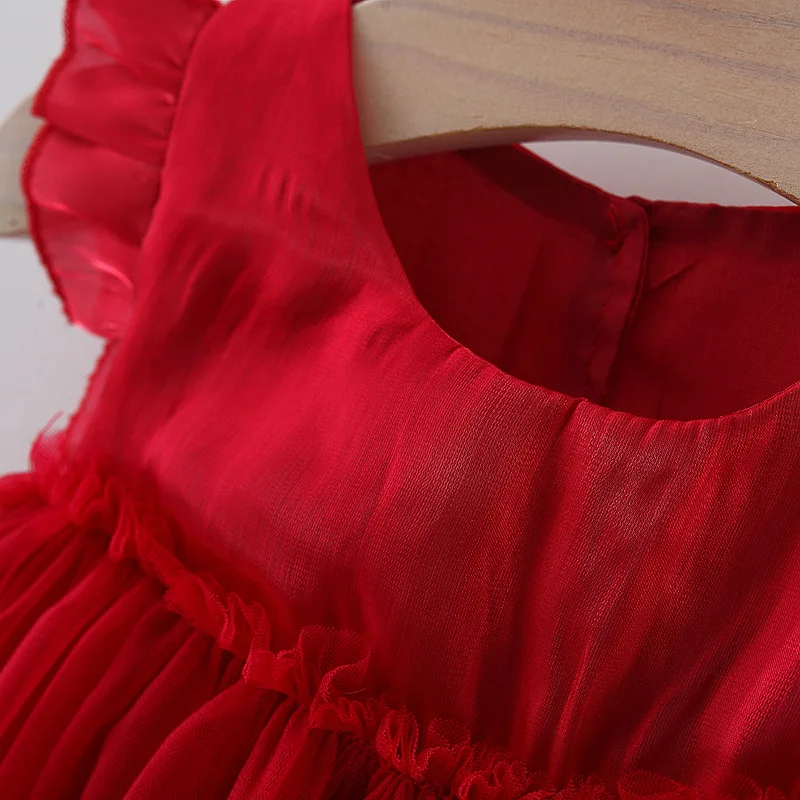Baby Girl Newborn Clothes Cotton Red Short Sleeve Mesh Dress Baby Girl Korean Style Sweet Birthday Dress for Kids Girl
