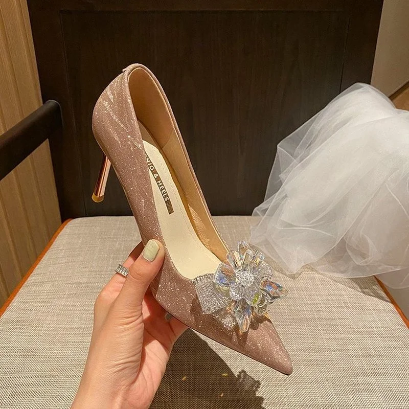 Luxury Crystal Wedding Shoes for Women Pointed Toe Cinderella Heels Shoes  Rhinestone High Heels Shoes Sequin White Wedding Shoes - AliExpress