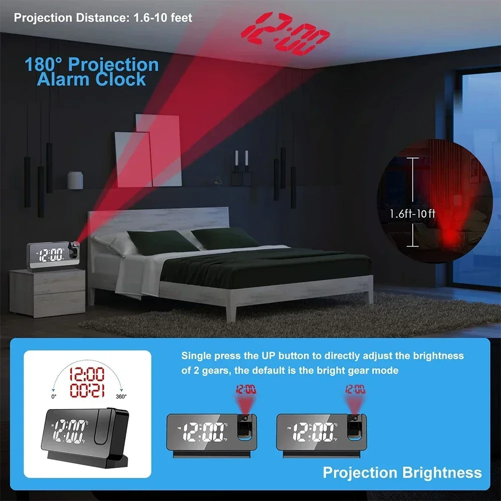 

Alarm Desktop Rotation Projection 180° Bedside Clock Digital Temperature Display LED