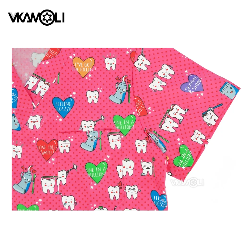 Dental Hospital Multi-Pocket Nursing Scrubs Tops Cute Cartoon Tshirt Short Sleeve V-Neck Tops dentist Working Uniform