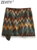 Zevity Women Vintage Geometric Print Knotted Mini Sarong Skirt Faldas Mujer Female Beading Tassel Casual Zipper Vestidos QUN1436 - Image 2
