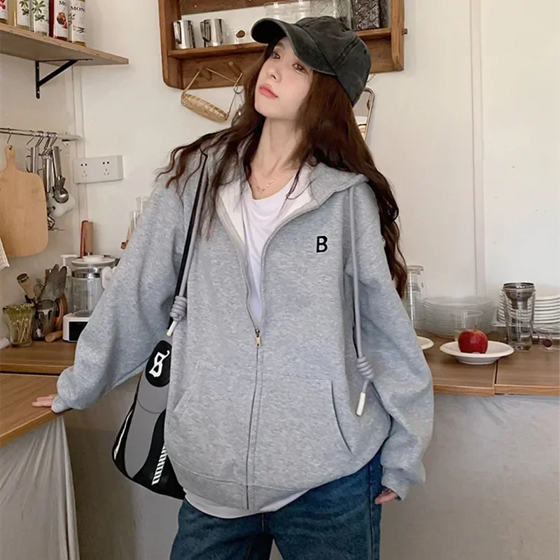 Korean Fashion Zip up Hoodie Women Solid Color Oversized Zipper Coats Autumn Winter lady Pockets Drawstring Hoodies Sweatshirt
