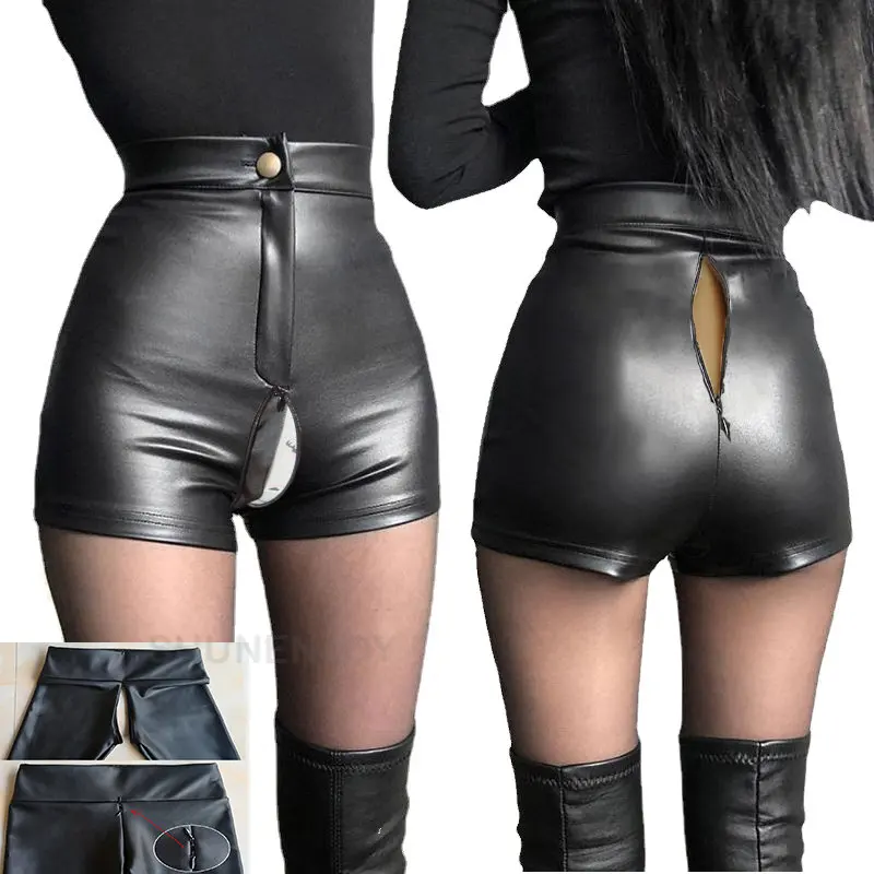 

Invisible Open Crotch Pants Sexy Leather Pants Tight Shorts Outdoor Sex Convenience Women's Elastic High-waist PU Buttock Shorts