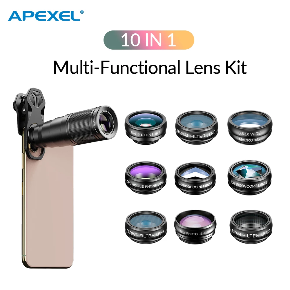 APEXEL NEW 22X Telephoto Telescope 10in1 Phone Lens Kit 15x Macro 0.63