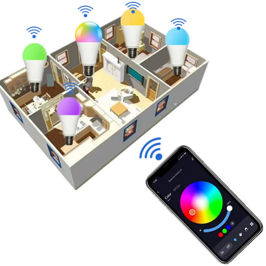 Smart Led Light Bulbs Smart Led Lights LED E27 Wireless App Bluetooth Smart Bulb Tuya APP Control Dimmable 15W RGB+CW+WW LED Color Change Lamp Compatible IOS/Android