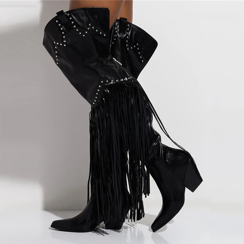 

Winter Women Western Cowboy Boots Black Leather Rivets Tassel Thigh High Boots Sexy Pointed Toe Chunky Heel Over Knee Botas