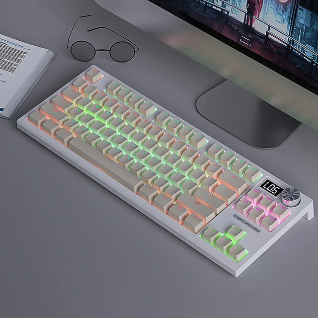 BOW 무선 게임용 기계식 키보드, 다기능 노브와 RGB 백라이트를 갖춘 무선 블루투스 키보드