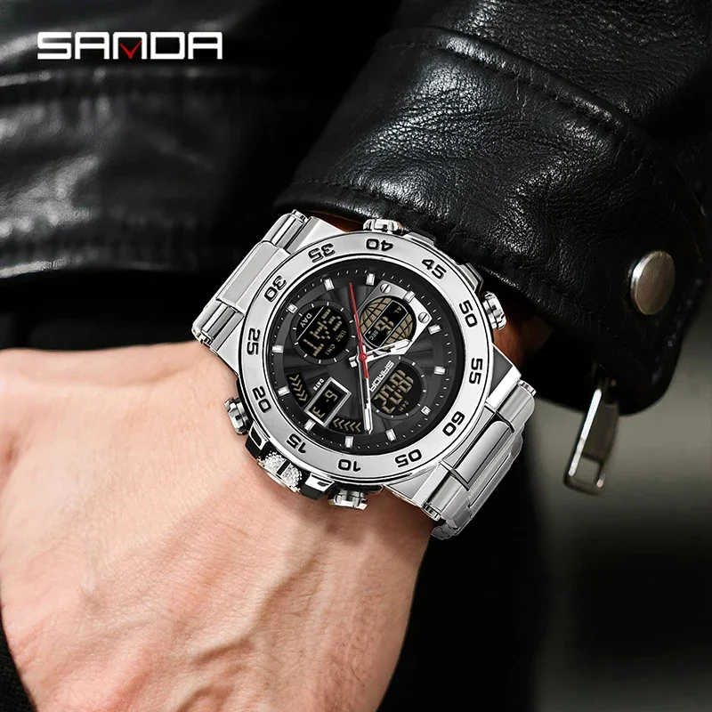 SANDA New Steel Strip Sports Men's Watch Dual Display Dual Movement 5ATM Waterproof Multi functional Man Electronic Quartz Watch view 4