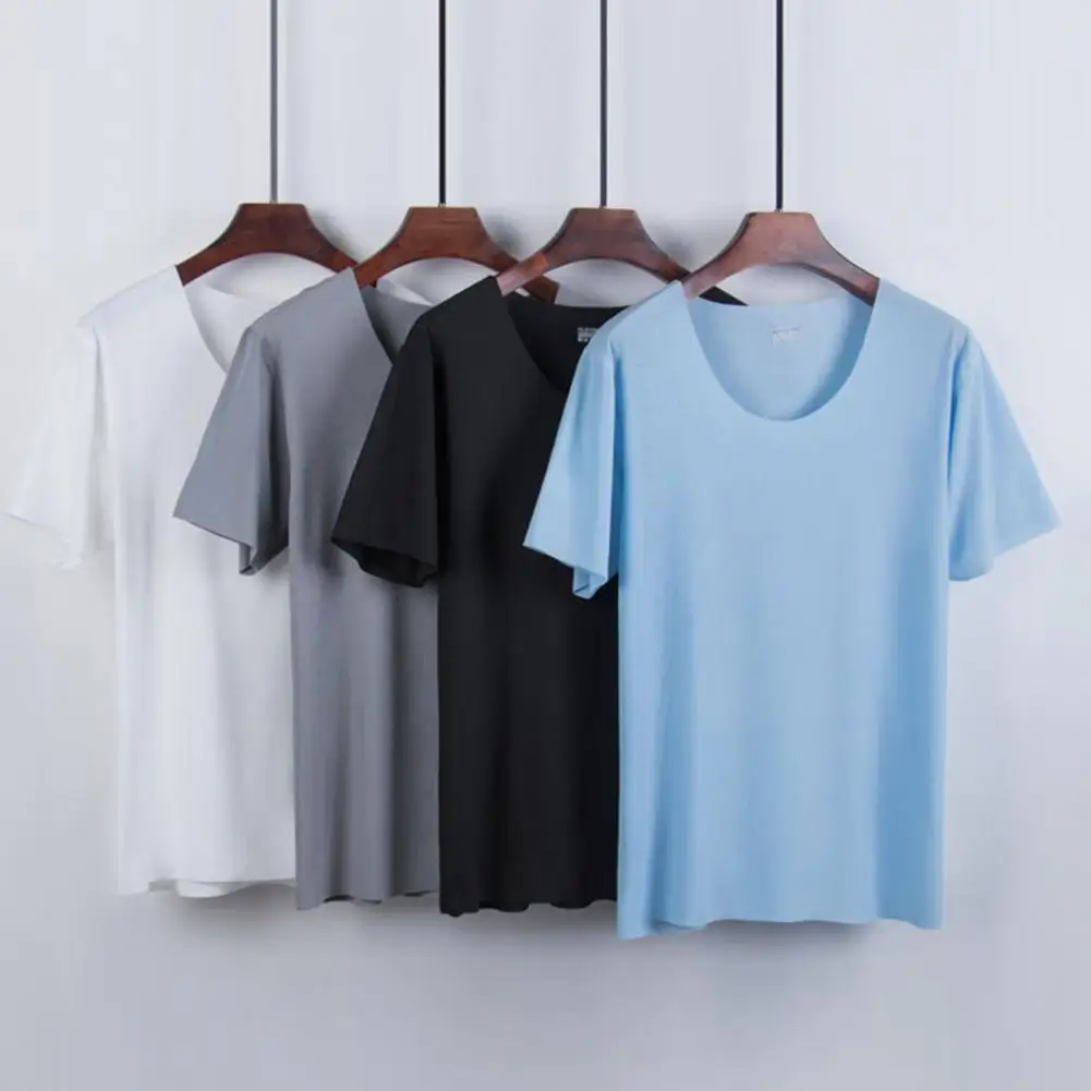

2 Pcs/Set Soft Elastic Waist Men Night Clothes Short Sleeve Deep Crotch Crew Neck Men Summer Tracksuit Sportswear
