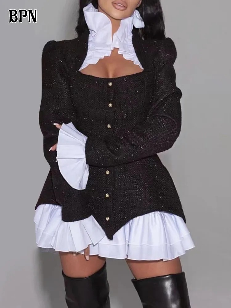 BPN Elegant Two Piece Sets For Women Square Collar Long Sleeve Tweed tops High Waist Mini Skirt slim Sets Female Fashion 2023
