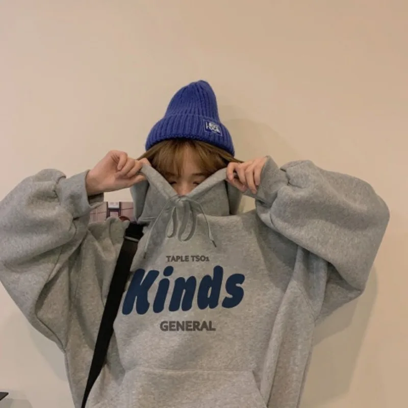 

Korean version minimalist casual sweater long sleeved hooded pullover letter printed men/women loose fitting age reducing hoodie