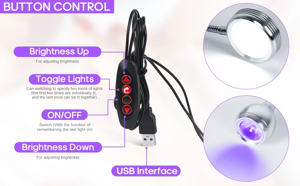 Description Picture 2 of item2-in-1 LED Nail Lamp 5W Dimmable Gooseneck Light Nails Manicure Dryer Sliver Curing UV & White 5V/1A for Nail Art