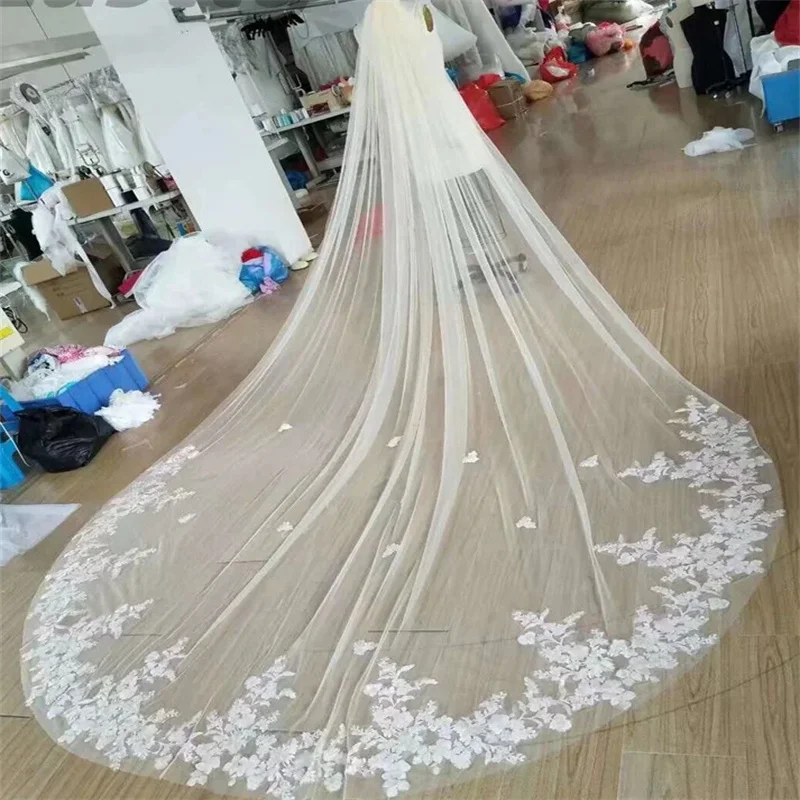 Bridal Veil Catholic Church Veil Cathedral Length One Layer Wedding Veil 3m/4m/5m Comb White Lace Edge Ivory Appliqued