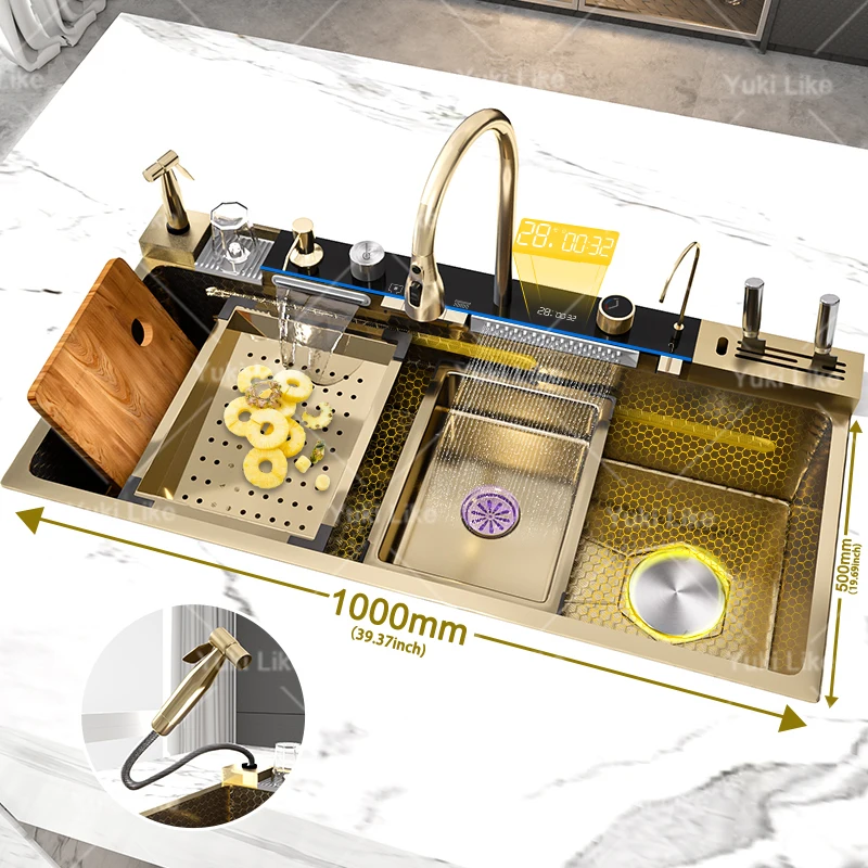 100x50cm Stainless Steel Waterfall Kitchen Sink Golden Extra Large Single Slot Modern Digital Display Dishwashing Sinks