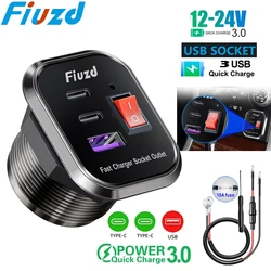 Premium Metal USB Charger Socket - 60W High - Speed Car Charger with PD USB - C & Dual QC3.0 Ports, Touch Switch for Vehicles & Marine Use (ACC)