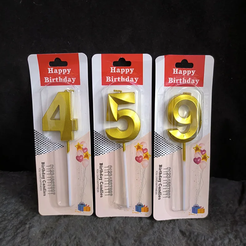 1Pc 0-9 Number Birthday Candles 3D Design Golden Smokeless Cake Decoration Candle Topper For Birthday Anniversary Celebration