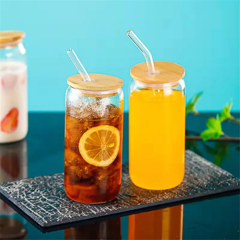 500ML Glass Cup w/Lid and Straw Transparent Bubble Tea Cup Juice Glass Beer  Can