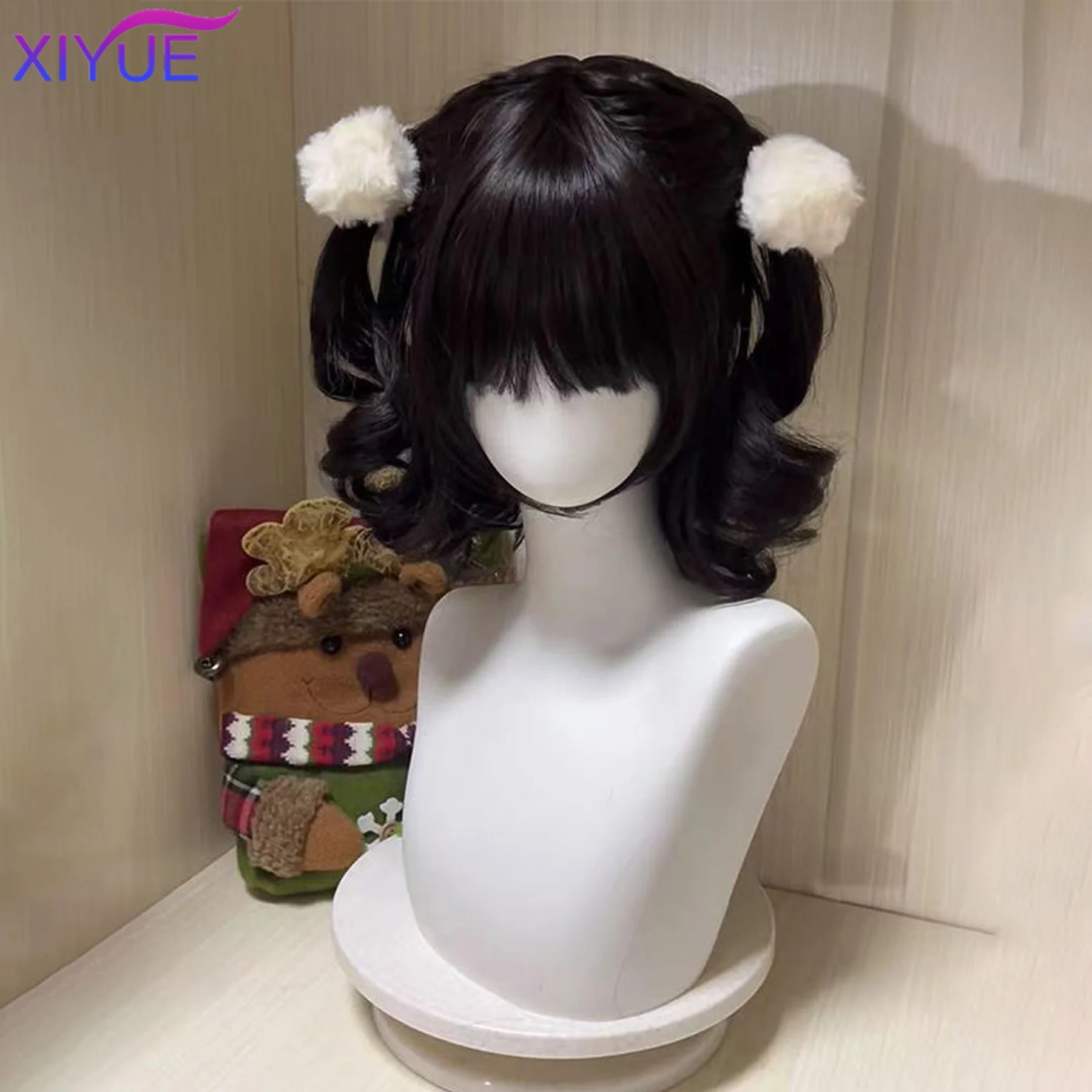 short Curly Twin Ponytails Synthetic Wig Bangs Cosplay Lolita Party Chic Girls Princess Brown Black Short Heat Resistant Hair