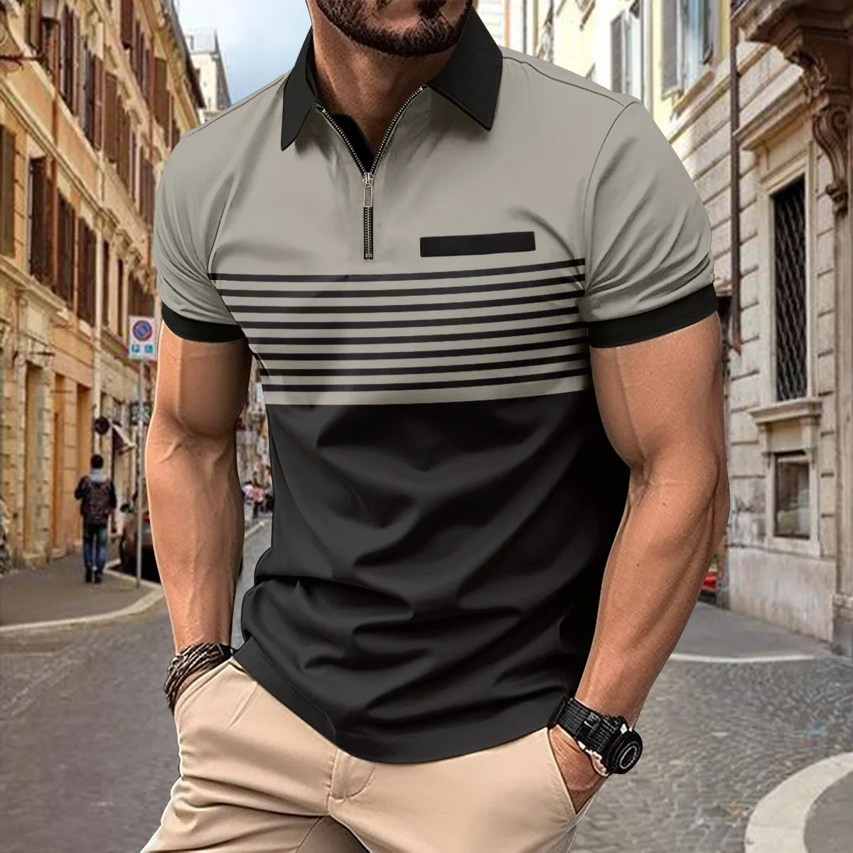 Fashionable mens summer striped T-shirt color blocked 3D digital printing zipper polo shirt business casuallapelshortsleevedpolo 12 Sd0046c5ed118430ea498082e0cb63c64q
