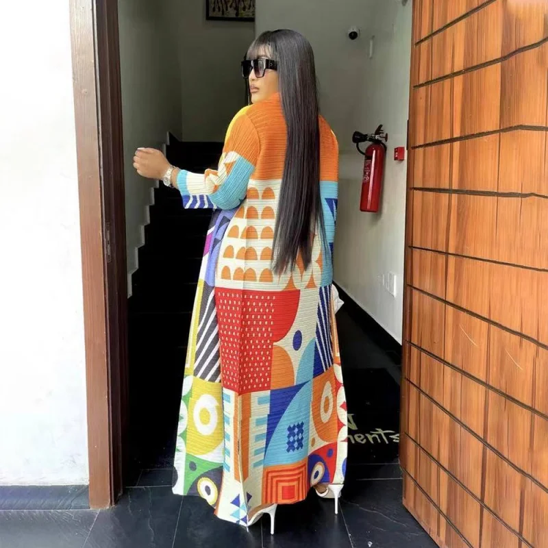 Miyake Pleated Print Dress Color Contrast Long Sleeve Relaxed Women\'s Long Casual Party Dresses of 2023 Summer New Fashionable