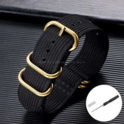 Gold Buckle Nylon High - Density Woven Watch Strap - Durable Sport Wristband - 22mm (Black - Gold)
