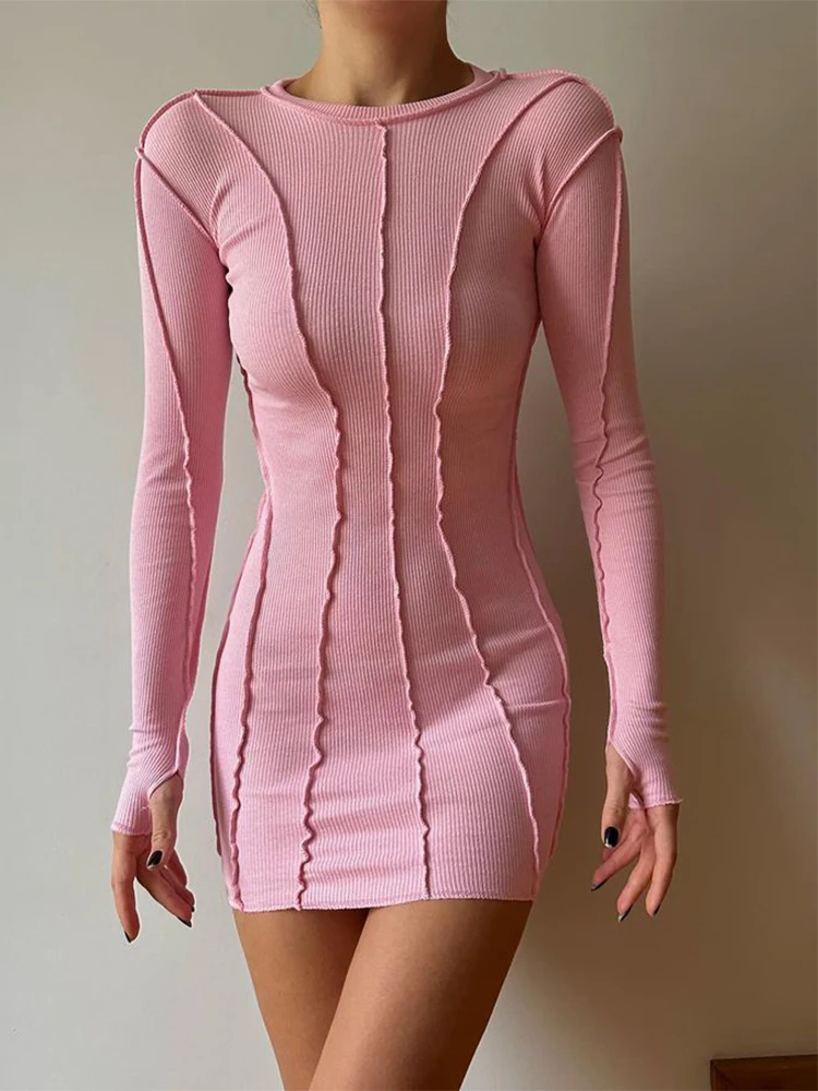 Screw Thread Mini Dress For Women 2025 Spring Ribbed Long Sleeve Bodycon Dresses Pink Streerwear Elastic Casual Vestidos