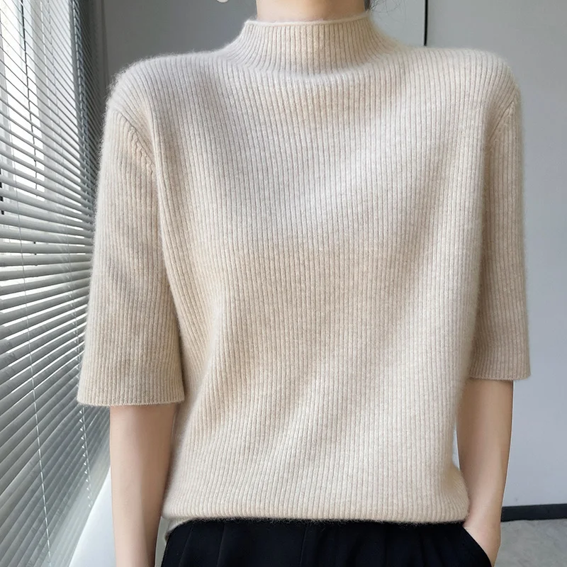 

100%Wool Winter Half Sleeve Tight Fitting Slim Fit Office Thickening Tops Pullovers Womens Keep Warm Knitting Ladies Sweater