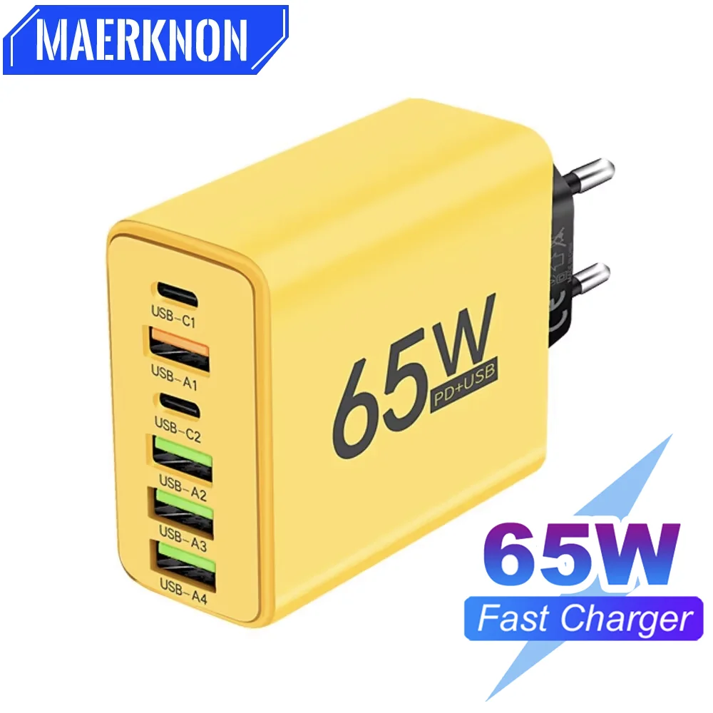 Mobile phone charger 65W USB C 6 ports fast charging for iPhone 15 14 Pro Max Samsung Galaxy S23 Xiaomi 14
