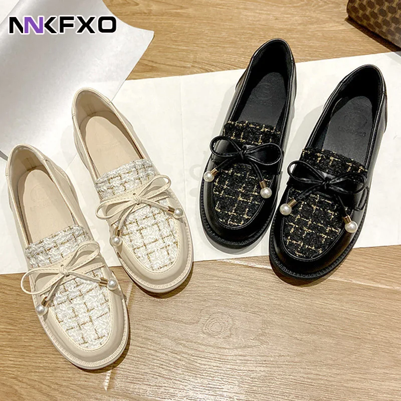 

College Girls lattices oxfords women round toe slip on loafers flats pearl bow-knot plaid small leather shoes woman big size 43