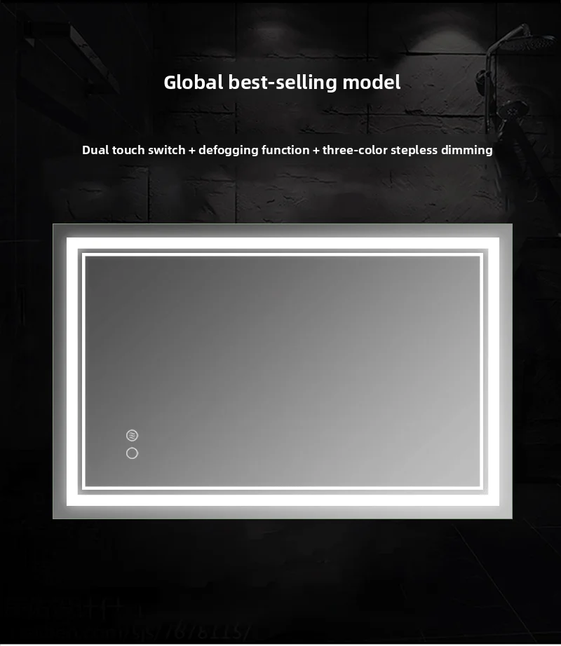 Frameless rectangular makeup mirror with dimmable LED lights.