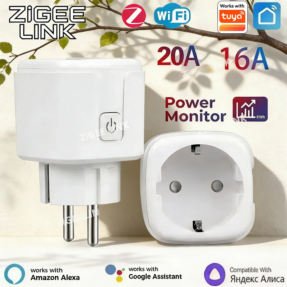 16A/20A WIFI 또는 ZigBee 스마트 플러그 EU 전력 모니터 무선 앱 음성 원격 제어 소켓 콘센트 Tuya Alexa Google과 호환