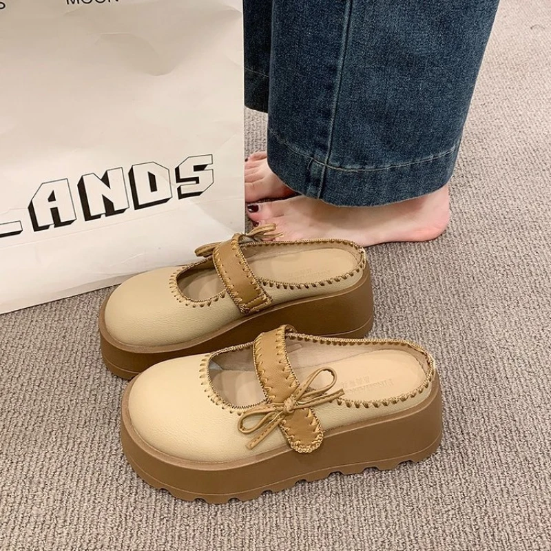 Women Casual Mule Sandals Cute Bow Decor Mary Jane Backless Slides Thick Platform Non Slip Daily Wear Flat Mules Shoes 2