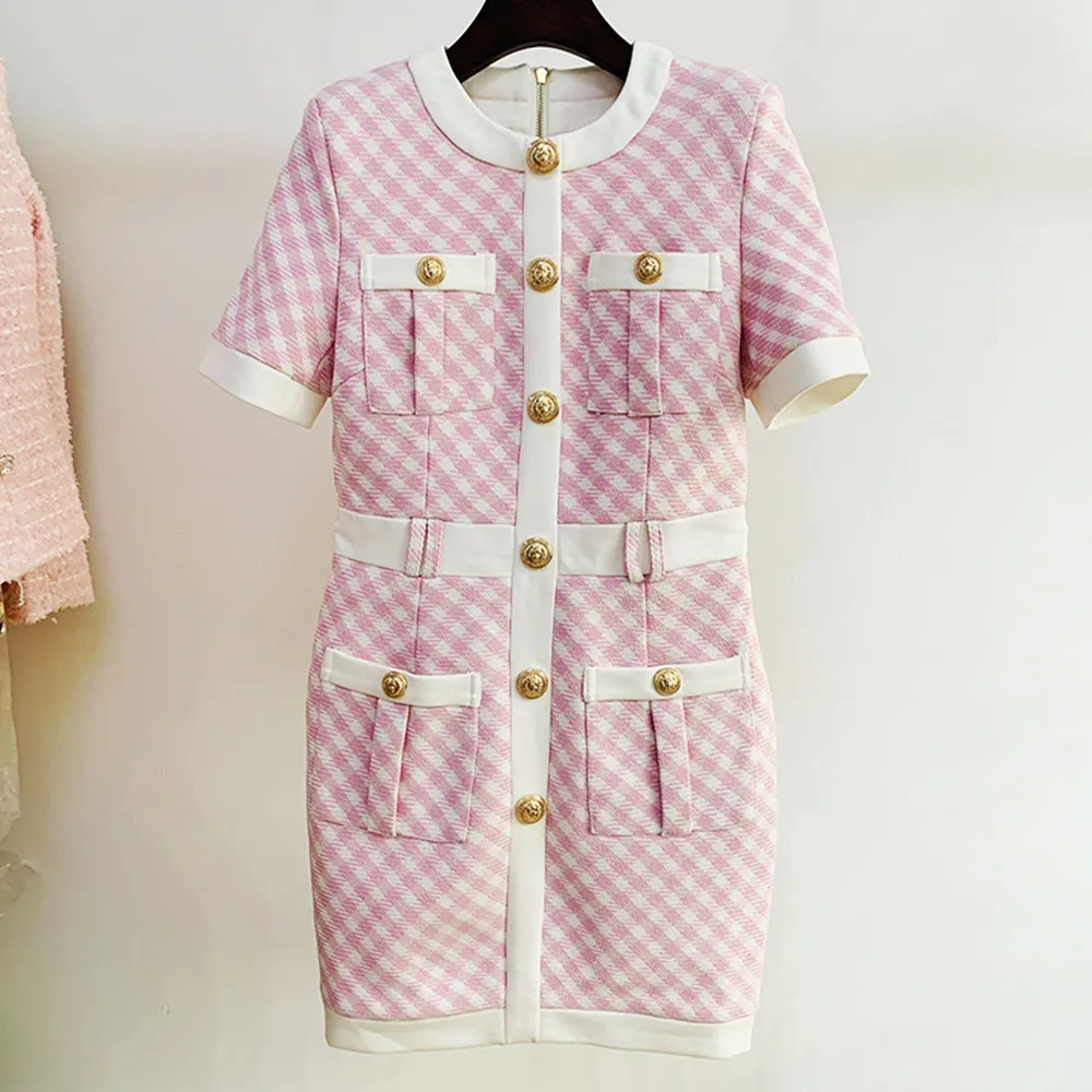 

2022 Autumn New Designer Women's High Quality Buttons Pockets Pink Color Plaid Tweed Dress B953
