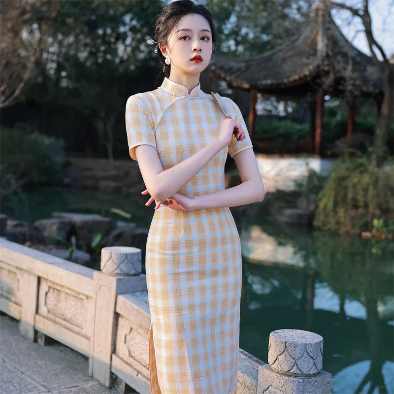 

Elegant Lace Trim Mandarin Collar Plaid Cotton Linen Cheongsam Shrot Sleeve Qipao Chinese Women Dress
