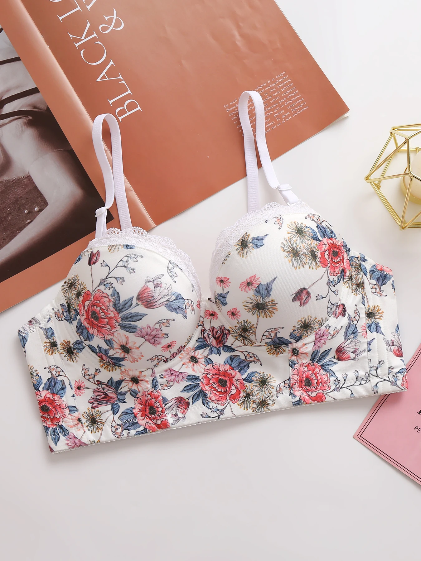 Sexy Underwear for Female Push Up Bra with Steel Ring Floral Printed  Brassiere 3/4 Cup Fashion and Beautiful Women Lingerie