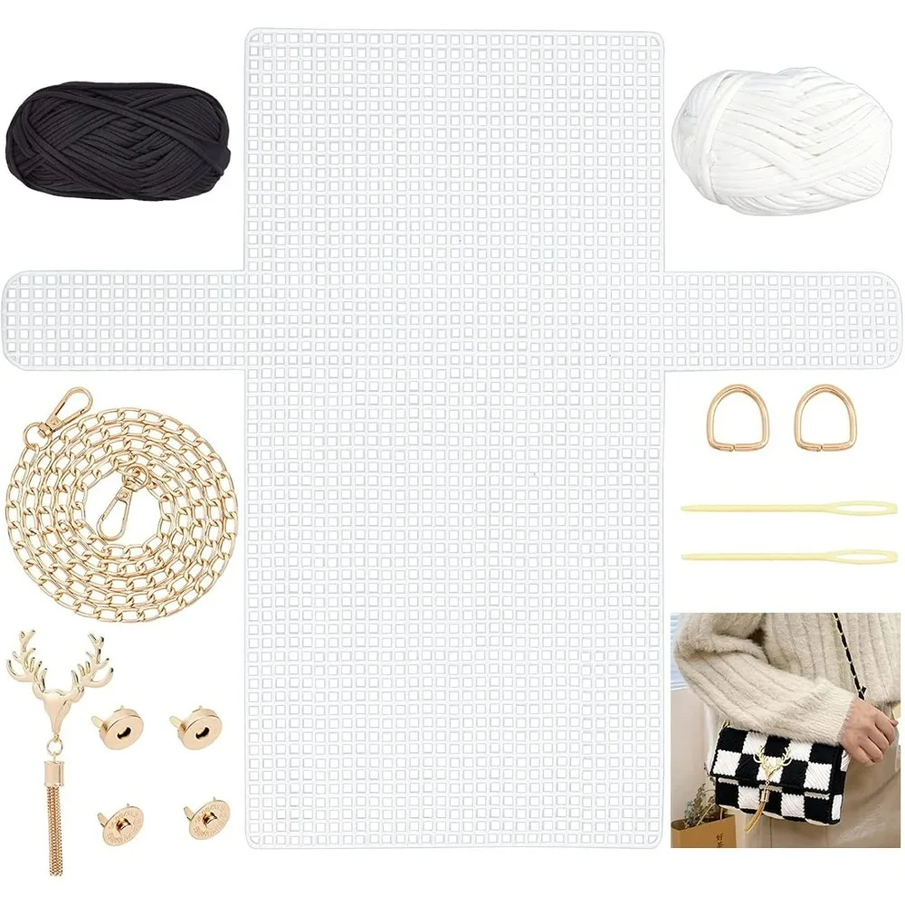 1 Set DIY Knitting Crochet Bags Kit Mesh Plastic Canvas Sheets Ribbon Set for DIY Craft Shoulder Bags Accessories Tool