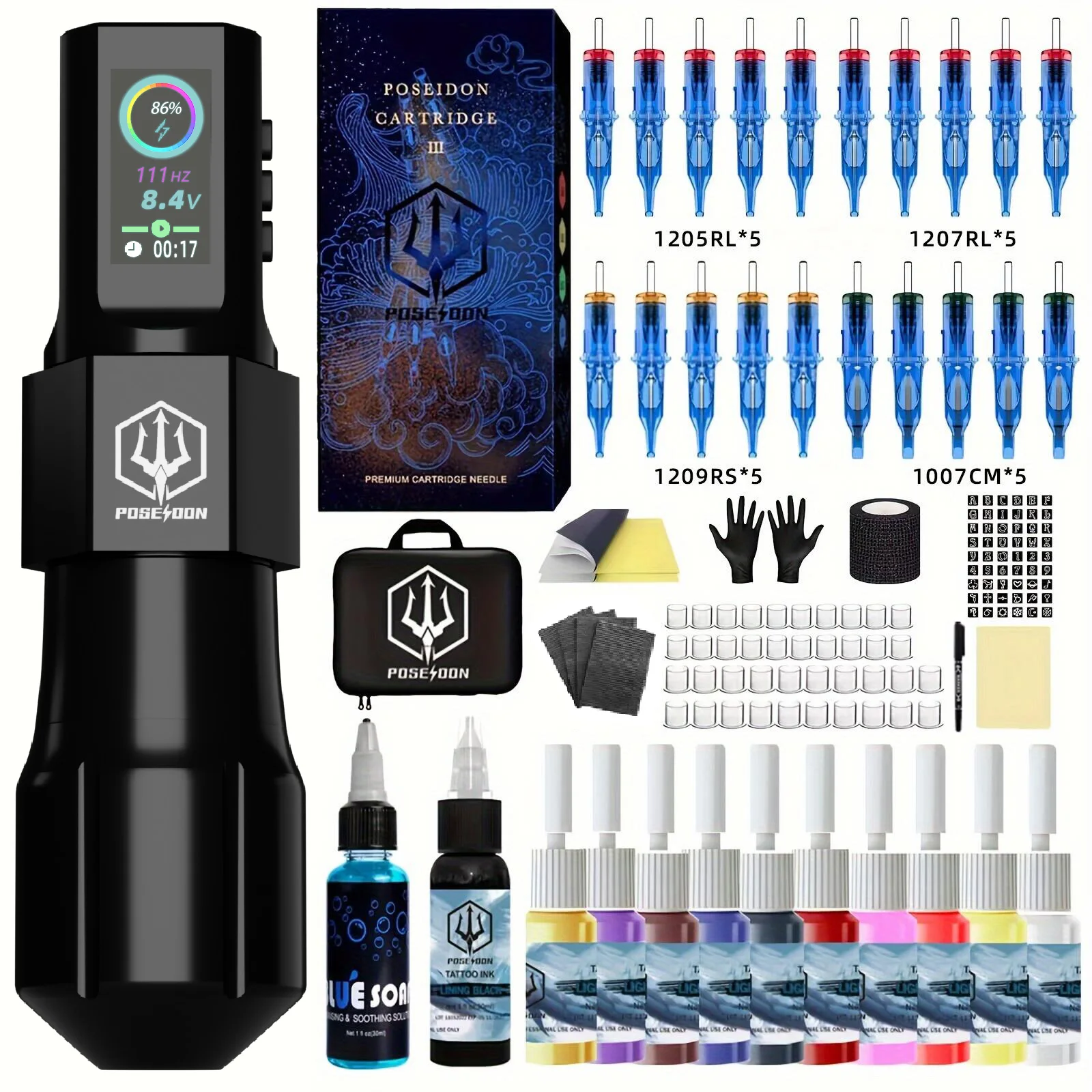 ﻿ Tattoo Kit POSEIDON New Cool Tattoo Pen Kit For Permanent Makeup Tattoo Machine Kit Wireless Tattoo Power Supply Tattoo Gun Ki